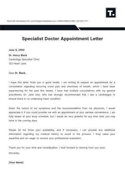 Free Specialist Doctor Appointment Letter Template to Edit Online