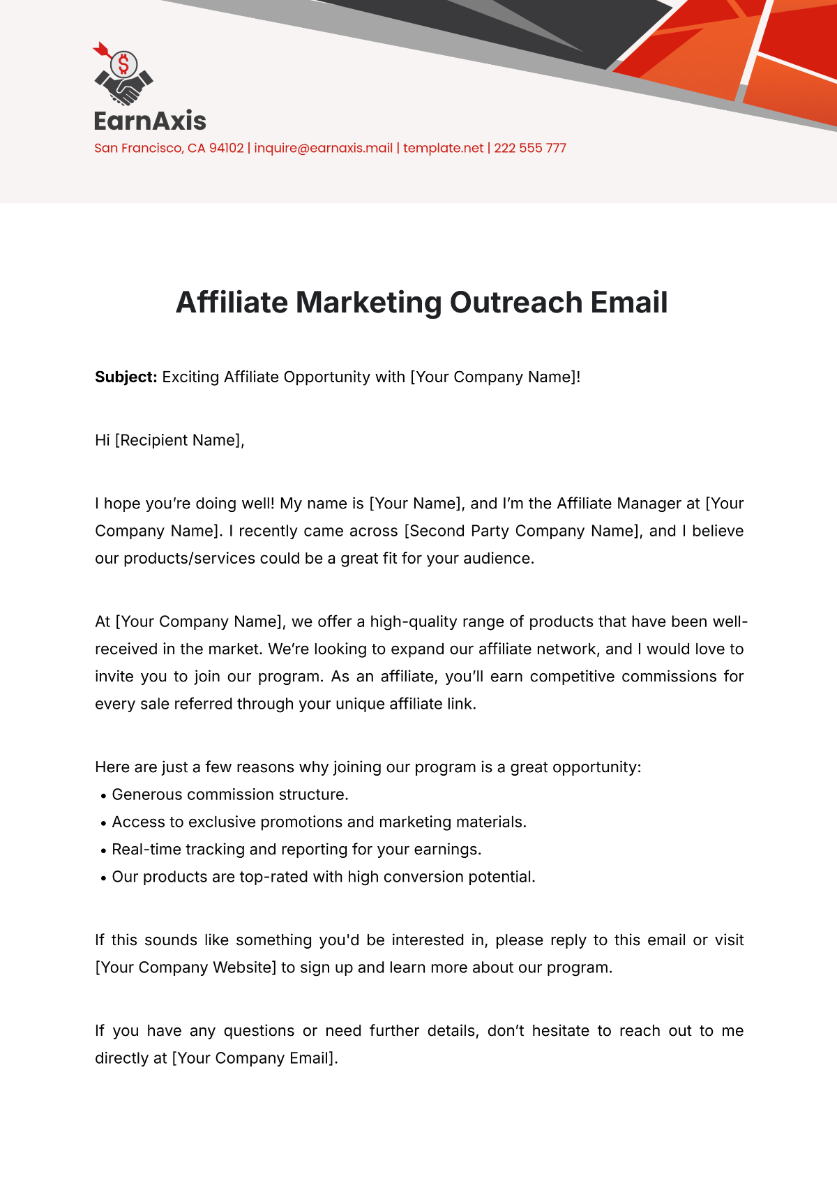 Affiliate Marketing Outreach Email Template - Edit Online & Download