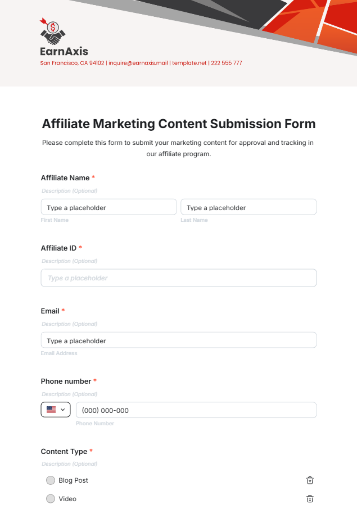 Affiliate Marketing Content Submission Form Template - Edit Online & Download