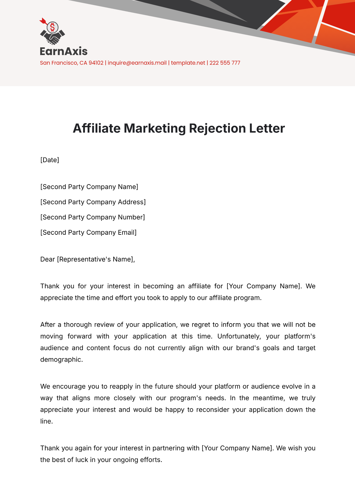 Affiliate Marketing Rejection Letter Template - Edit Online & Download