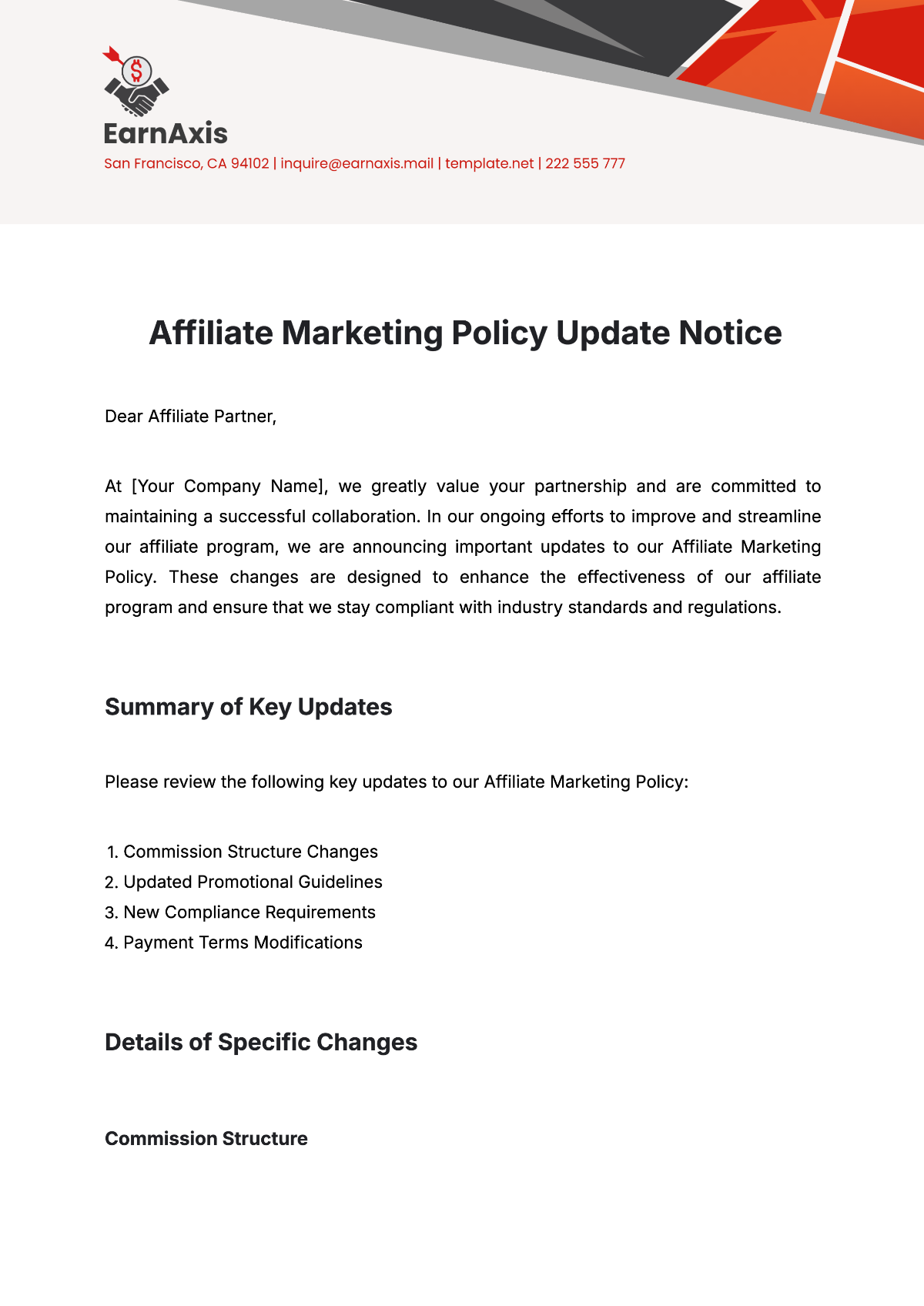 Affiliate Marketing Policy Update Notice Template - Edit Online & Download