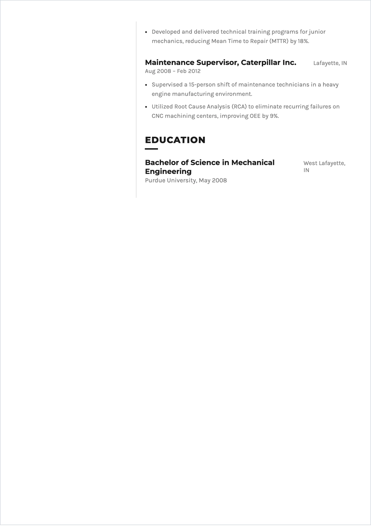 Free Sample Experienced Maintenance Manager ATS Resume Template
