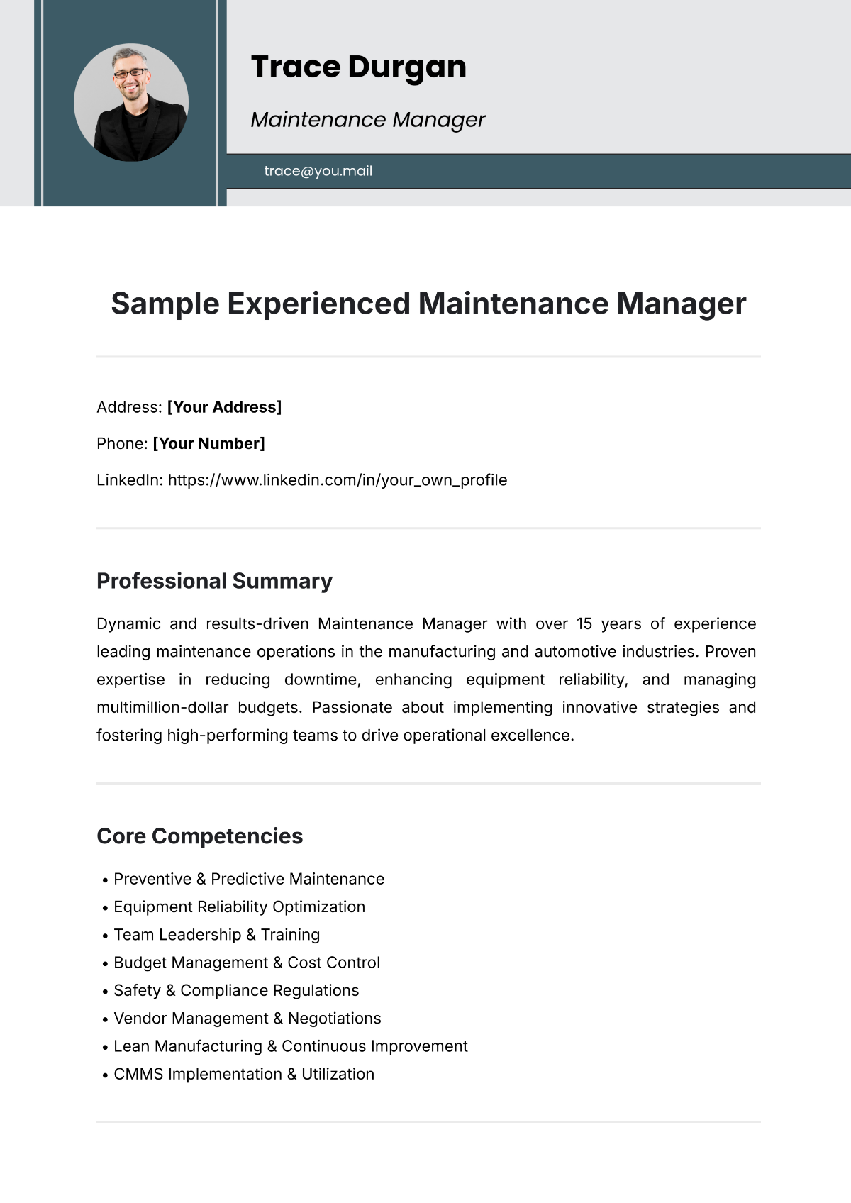 Sample Experienced Maintenance Manager Template - Edit Online & Download