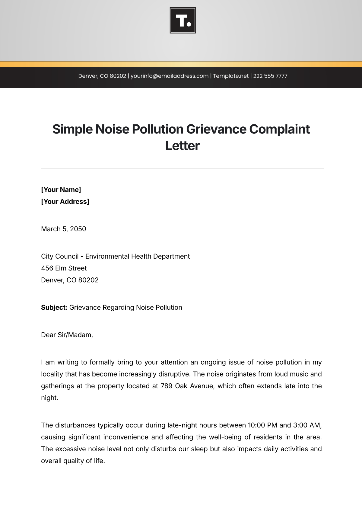 Simple Noise Pollution Grievance Complaint Letter Template - Edit Online & Download