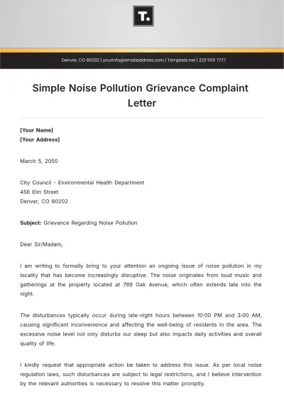 Free Simple Noise Pollution Grievance Complaint Letter Template to Edit Online