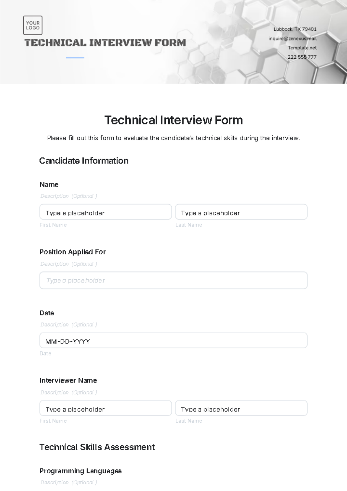 Technical Interview Form Template