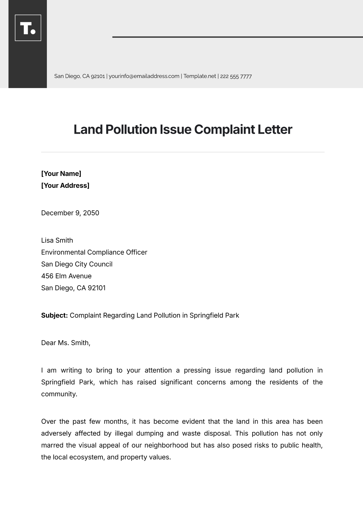 Land Pollution Issue Complaint Letter Template - Edit Online & Download