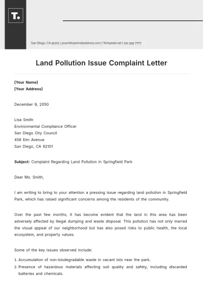 Free Land Pollution Issue Complaint Letter Template to Edit Online