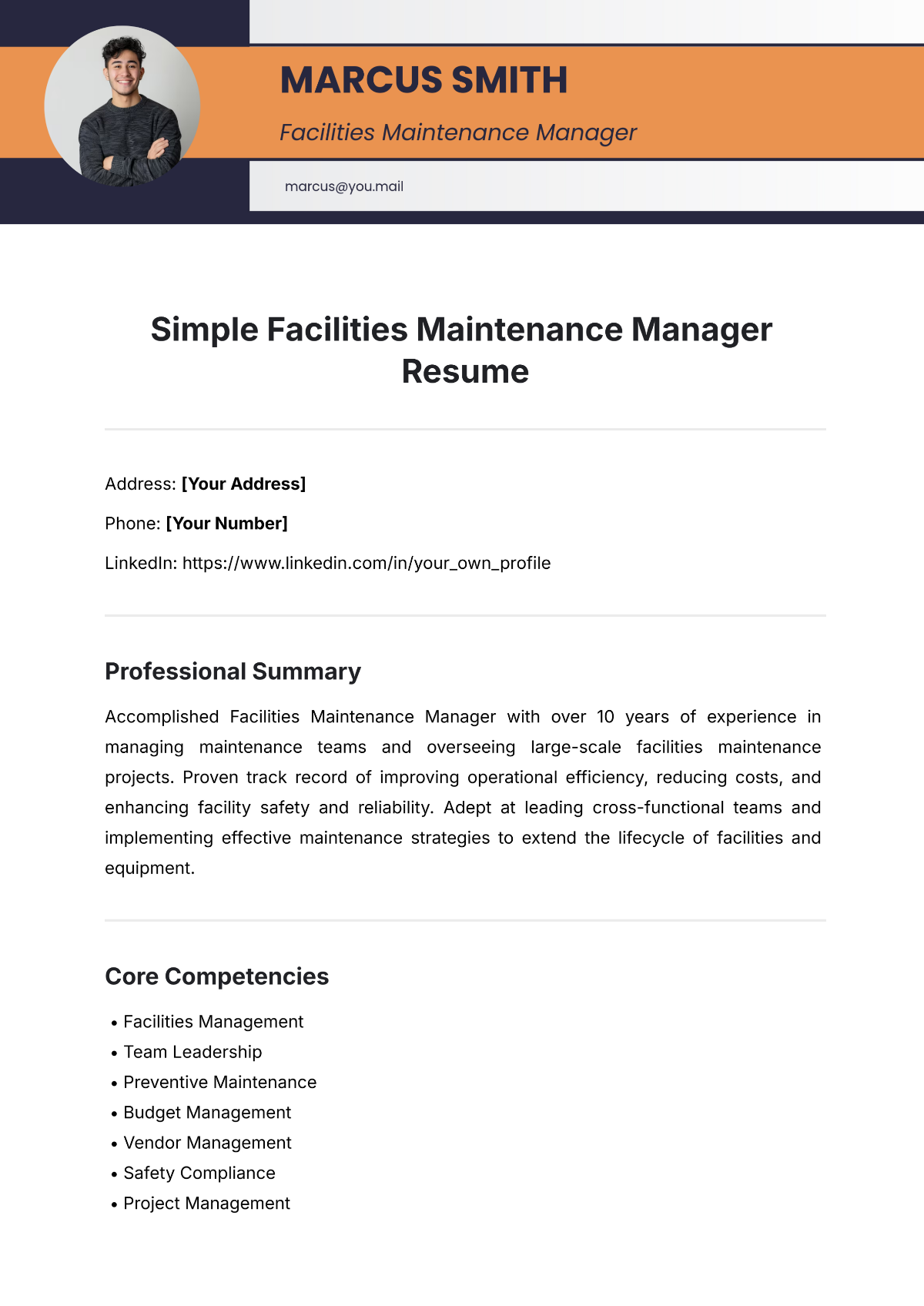 Simple Facilities Maintenance Manager Resume Template - Edit Online & Download