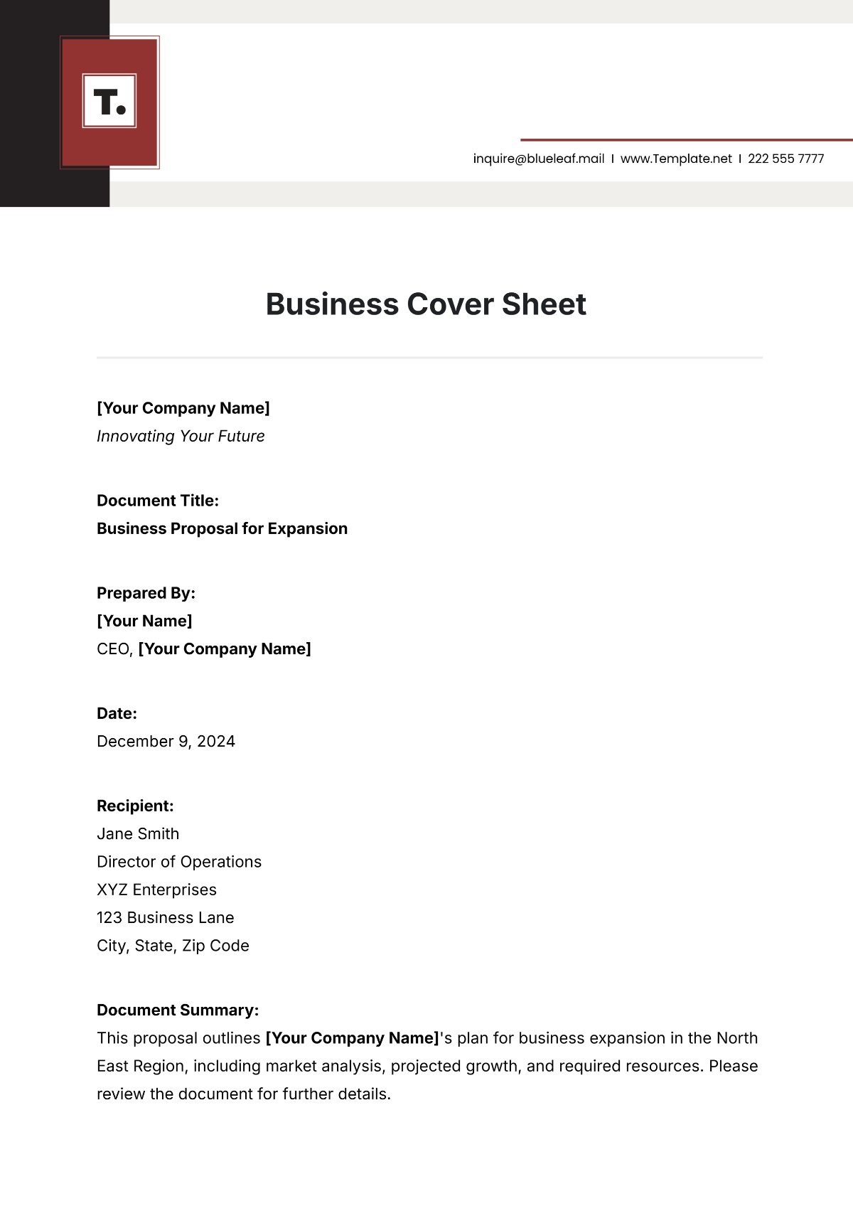 Business Cover Sheet Template - Edit Online & Download