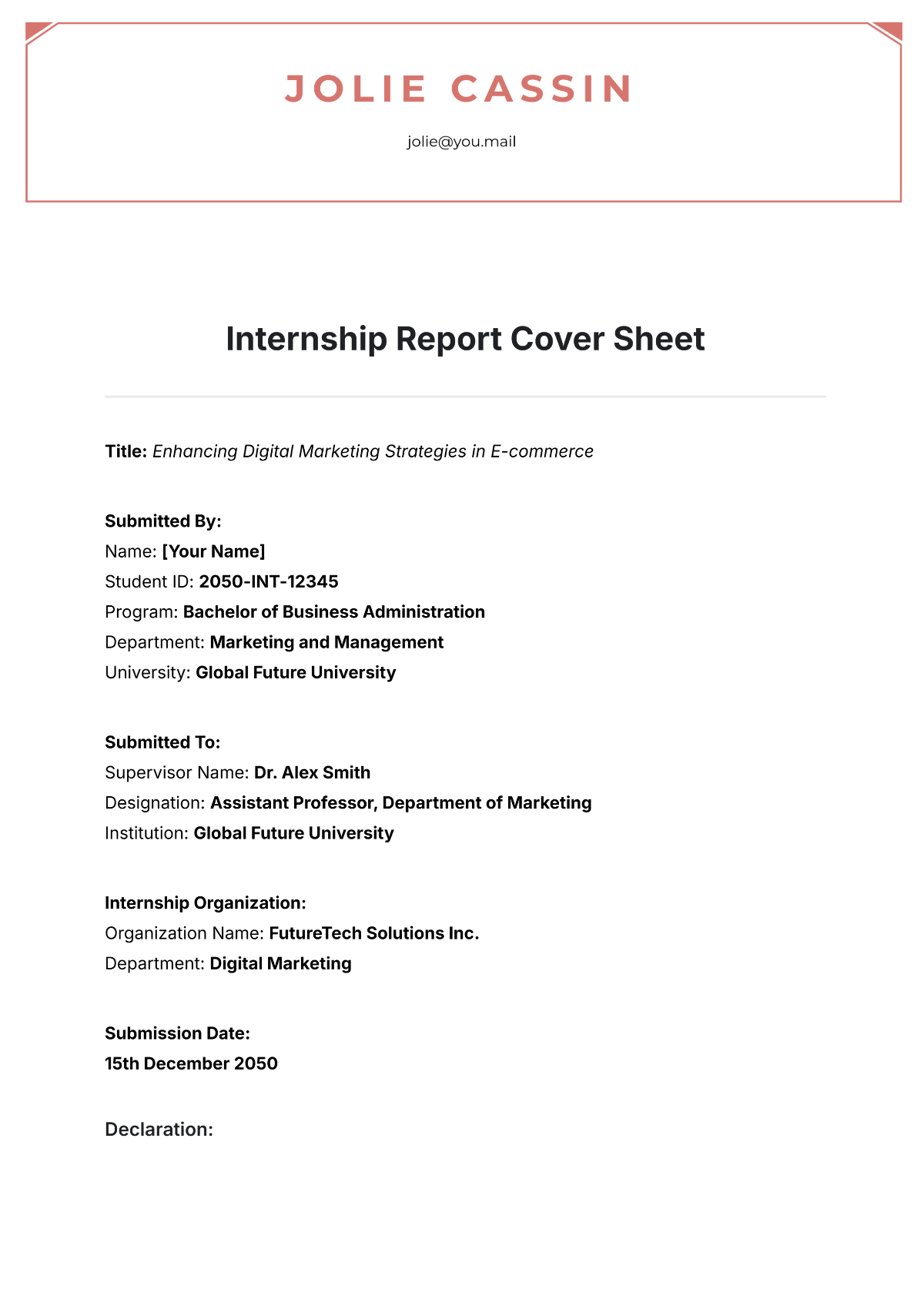 Internship Report Cover Sheet Template - Edit Online & Download