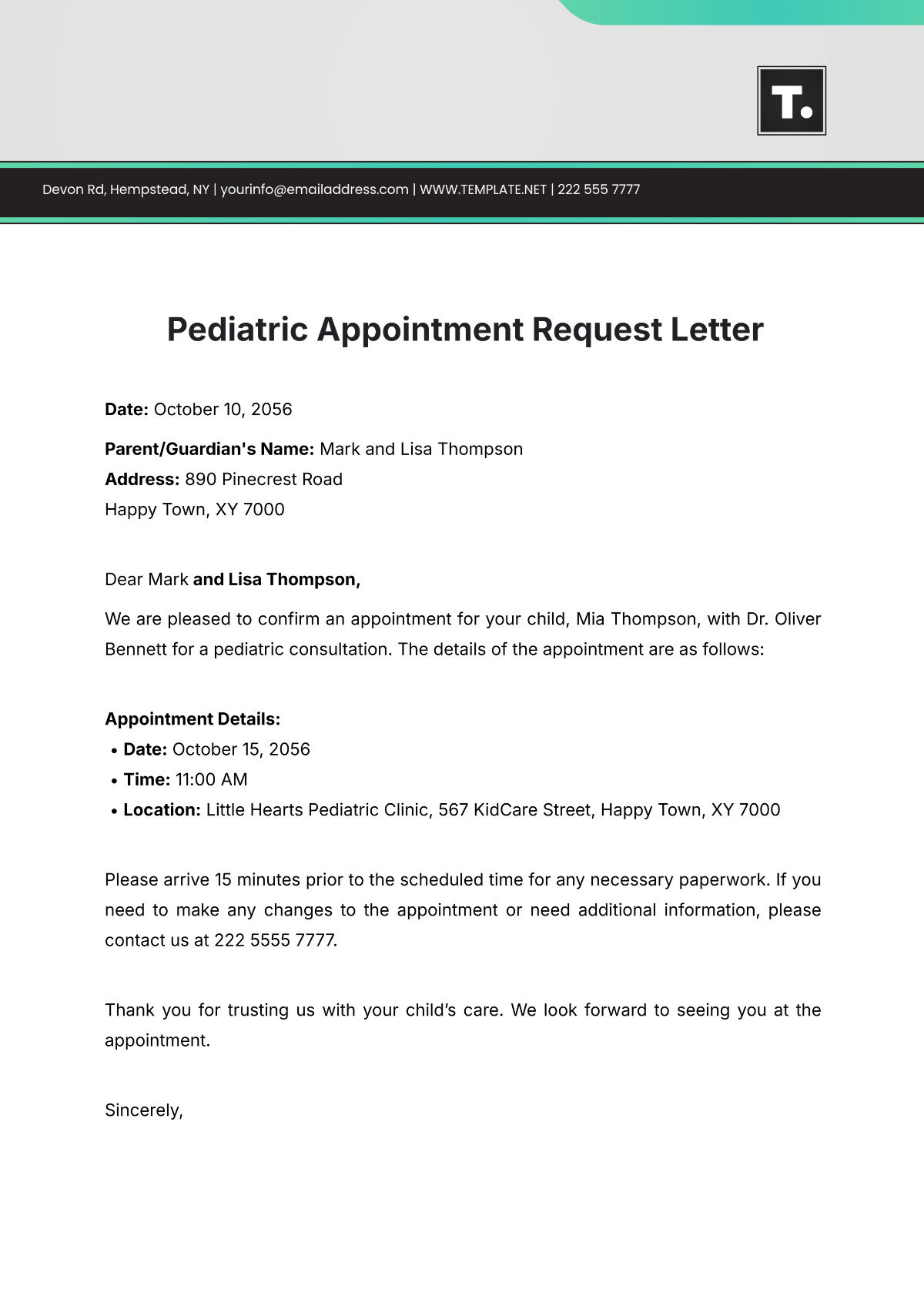 Pediatric Appointment Request Letter Template - Edit Online & Download