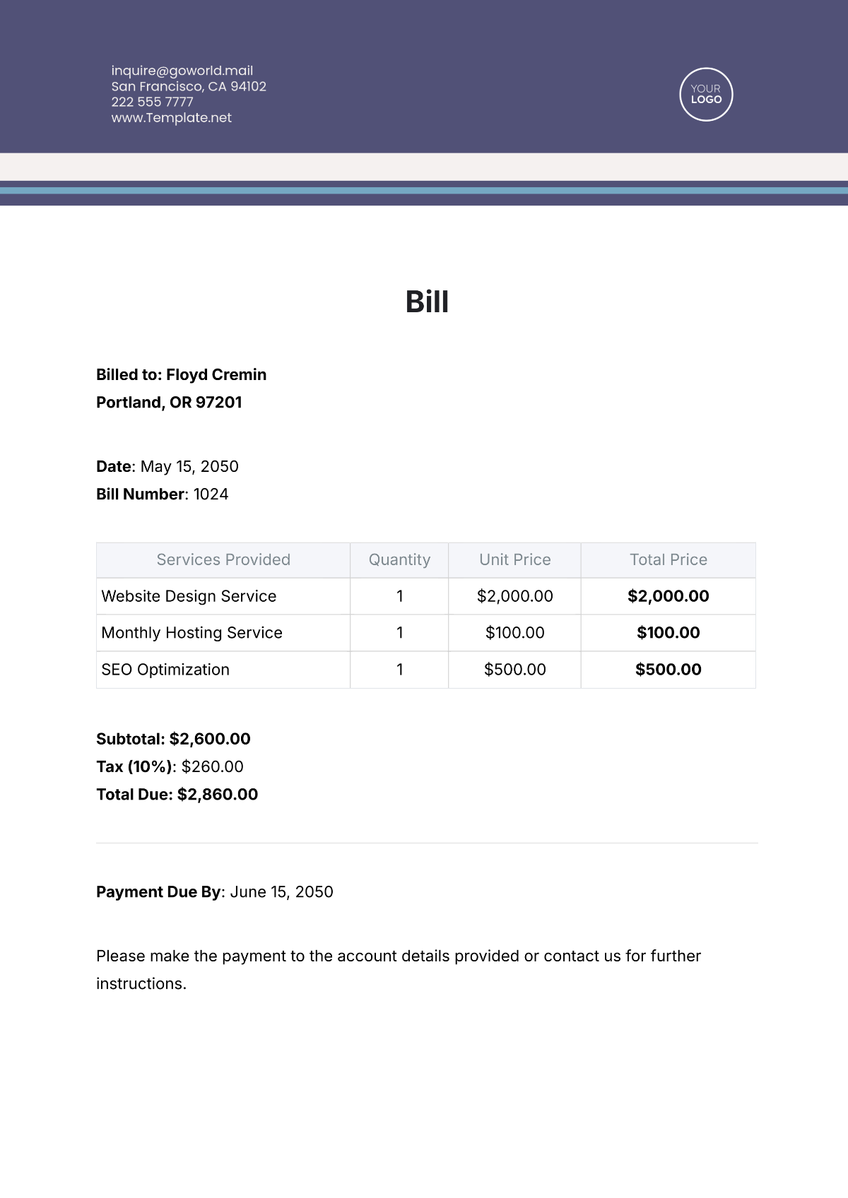 Bill Template - Edit Online & Download