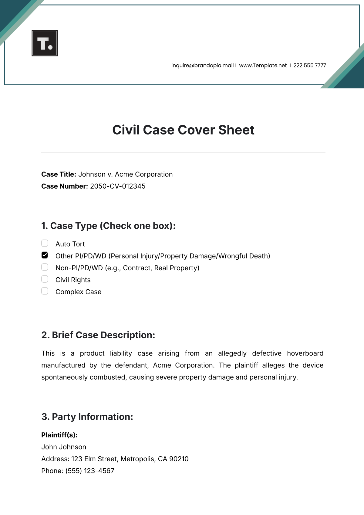 Civil Case Cover Sheet Template - Edit Online & Download