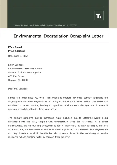 Free Environmental Degradation Complaint Letter Template to Edit Online