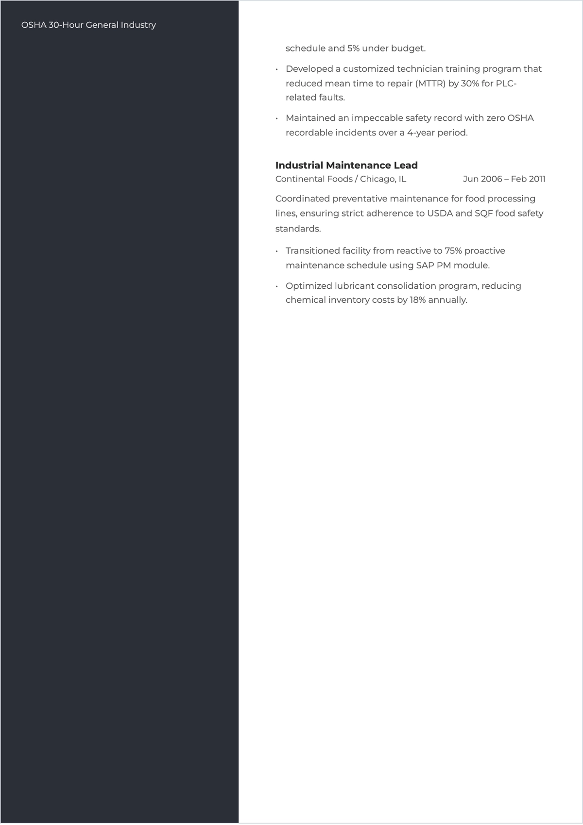 Free Industrial Maintenance Manager ATS Resume Template