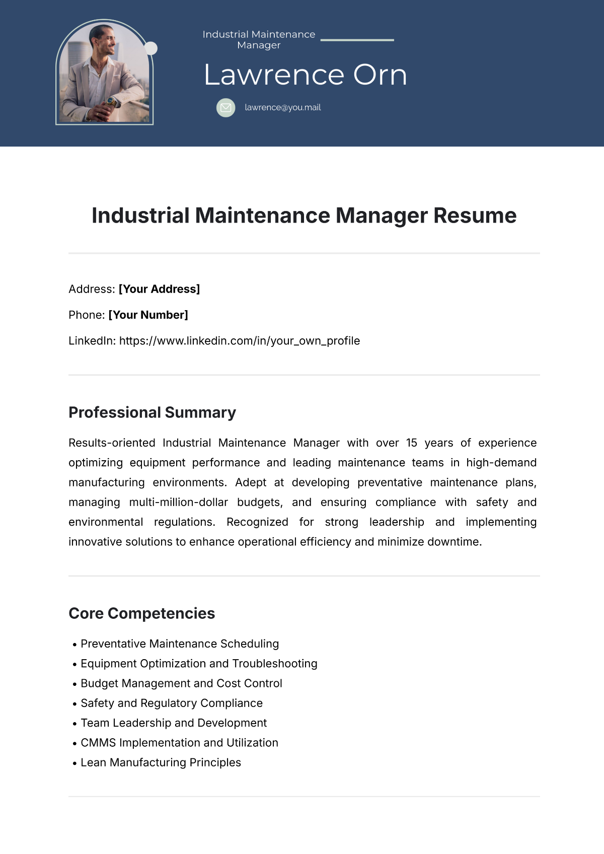 Industrial Maintenance Manager Resume Template - Edit Online & Download