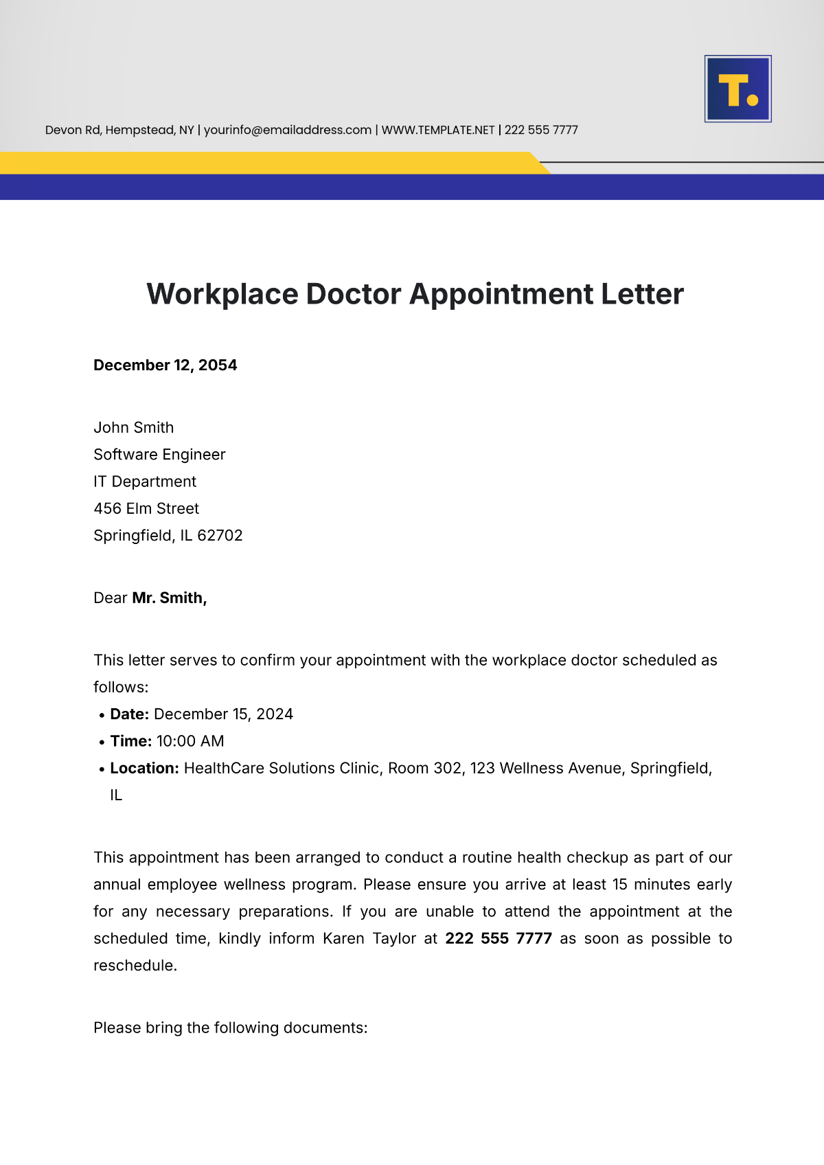 Workplace Doctor Appointment Letter Template - Edit Online & Download