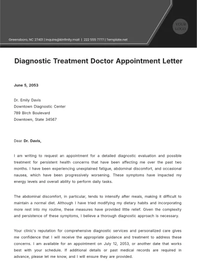 Free Diagnostic Treatment Doctor Appointment Letter Template to Edit Online