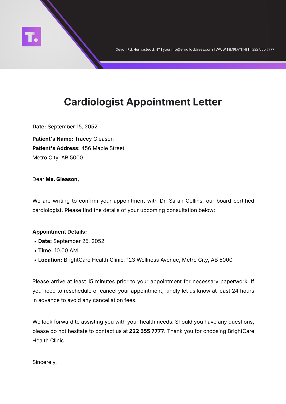 Cardiologist Appointment Letter Template - Edit Online & Download