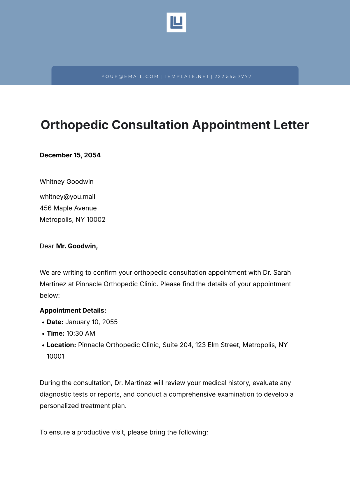 Orthopedic Consultation Appointment Letter Template - Edit Online & Download