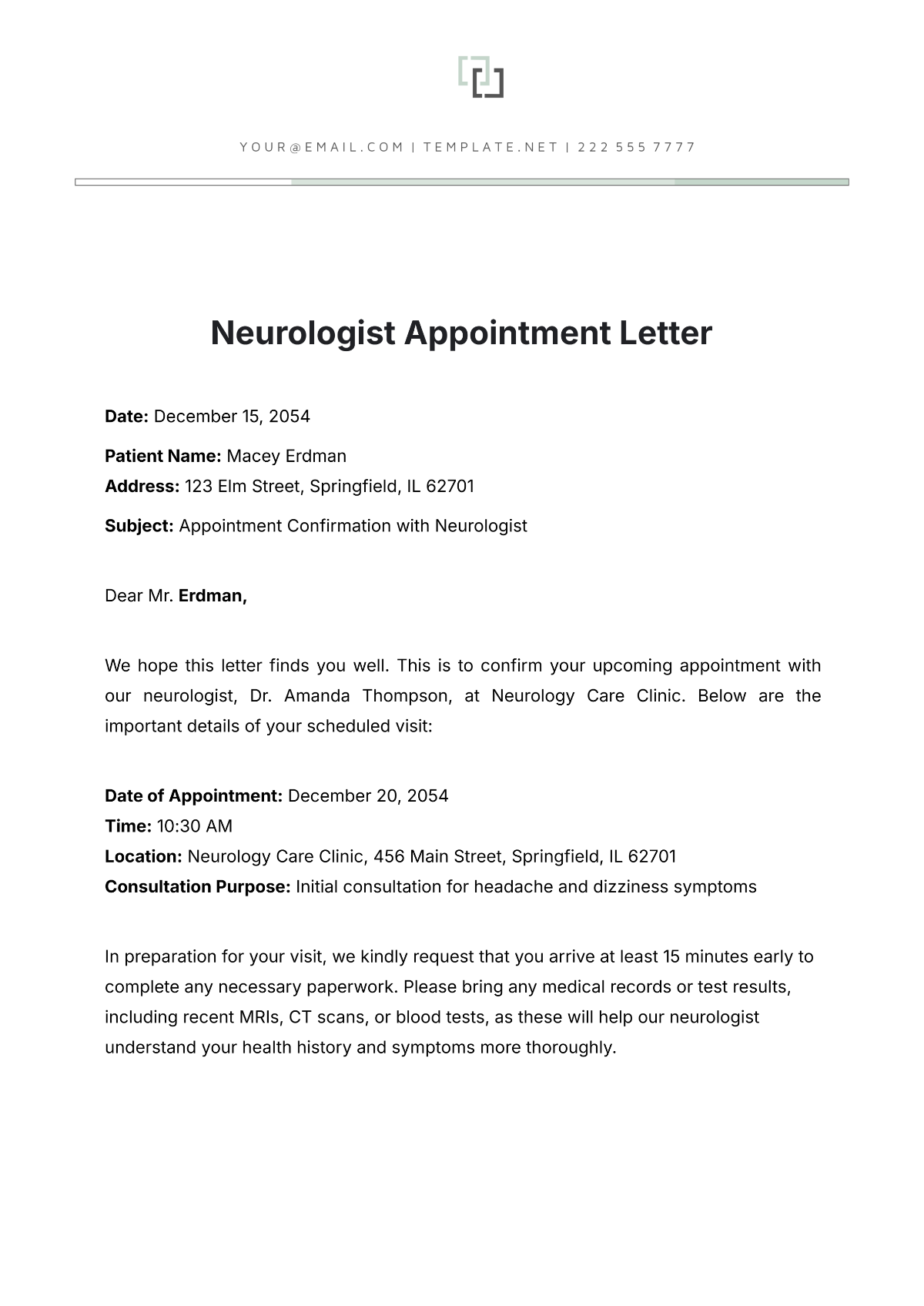 Neurologist Appointment Letter Template - Edit Online & Download