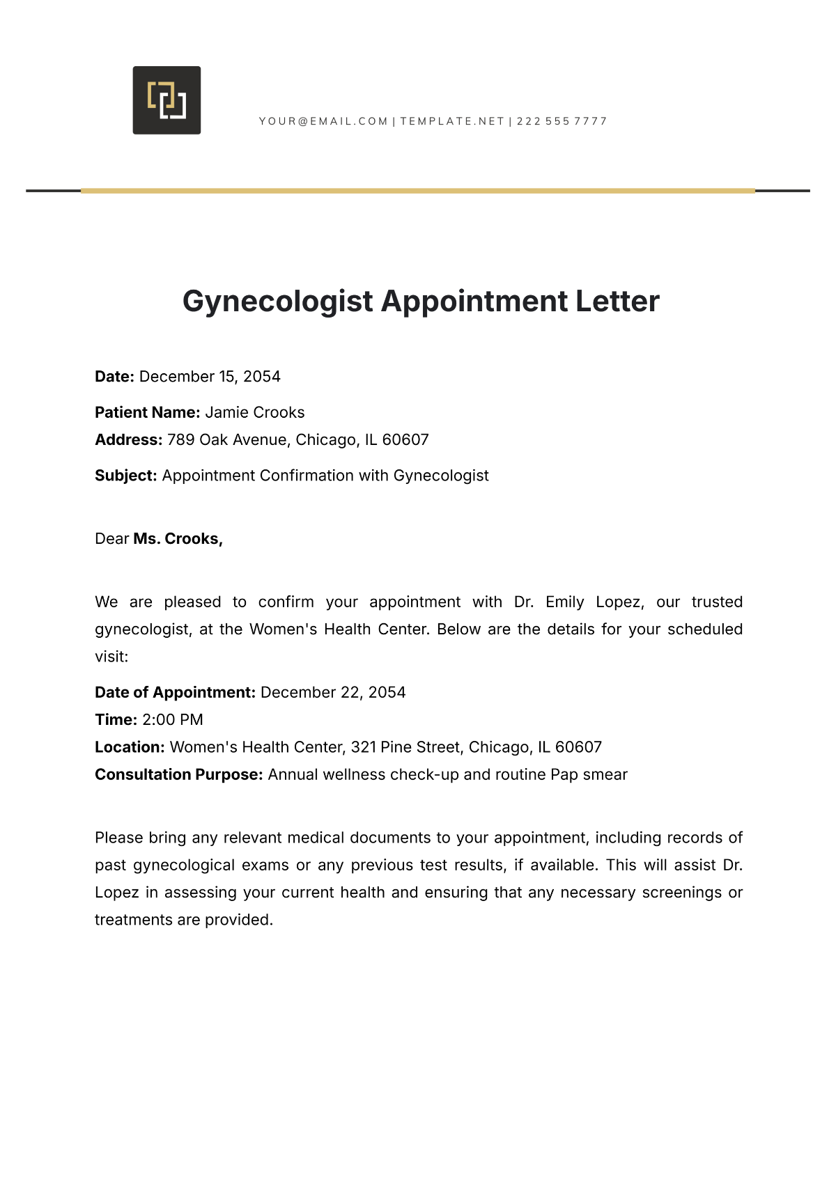 Gynecologist Appointment Letter Template - Edit Online & Download