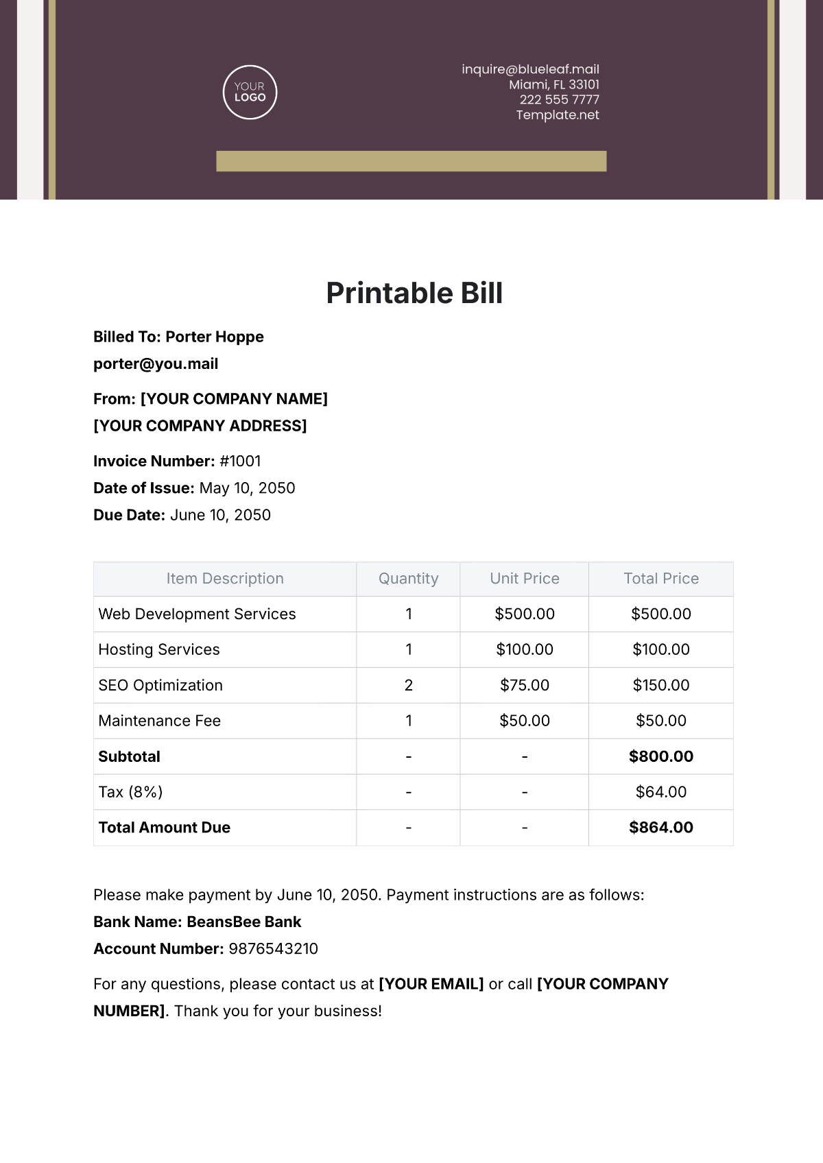 Printable Bill Template - Edit Online & Download