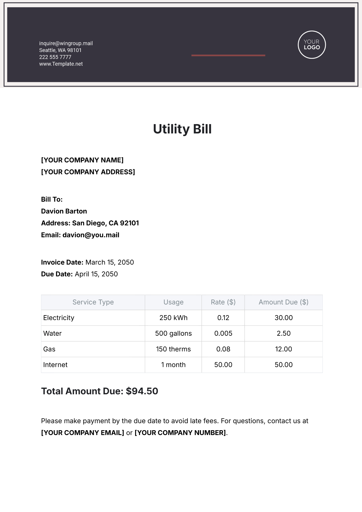 Utility Bill Template - Edit Online & Download