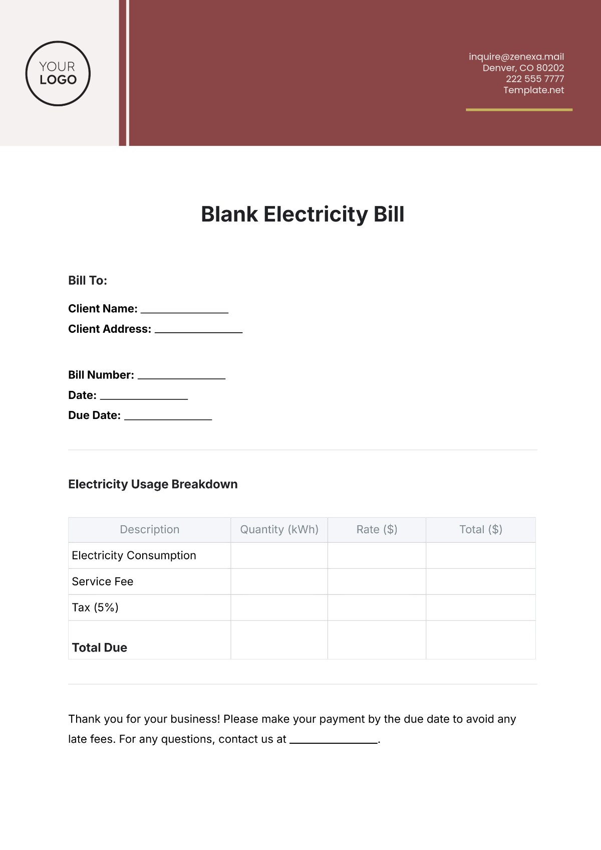 Blank Electricity Bill Template - Edit Online & Download