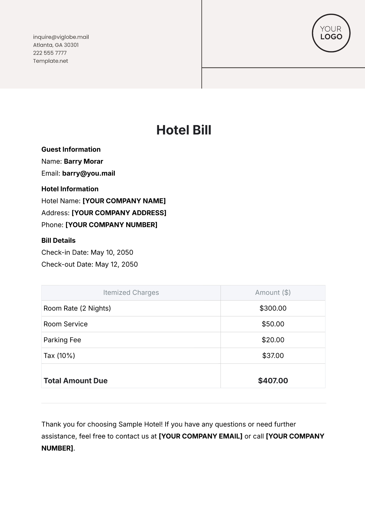 Hotel Bill Template - Edit Online & Download