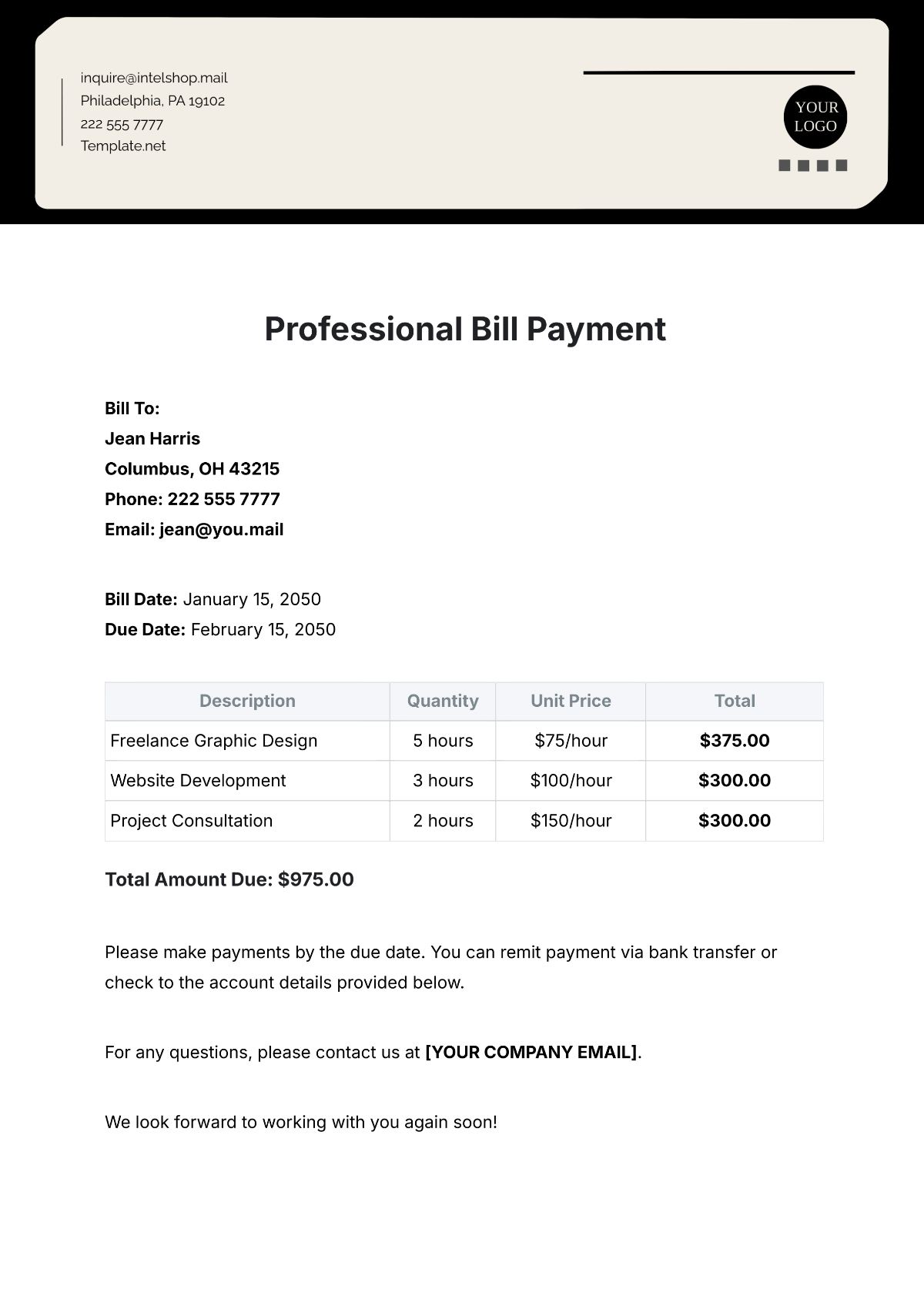 Professional Bill Payment Template - Edit Online & Download