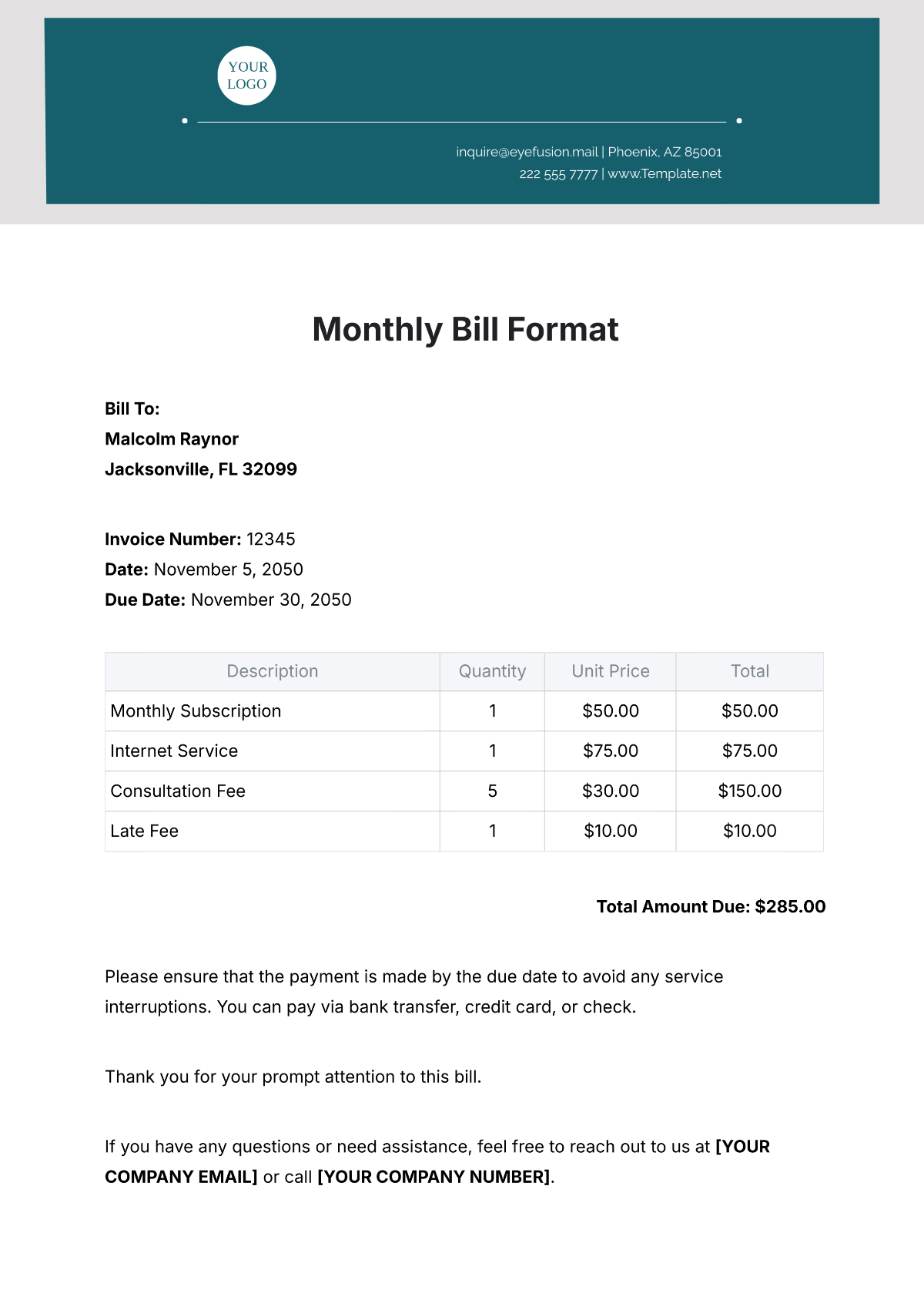 Monthly Bill Format Template - Edit Online & Download