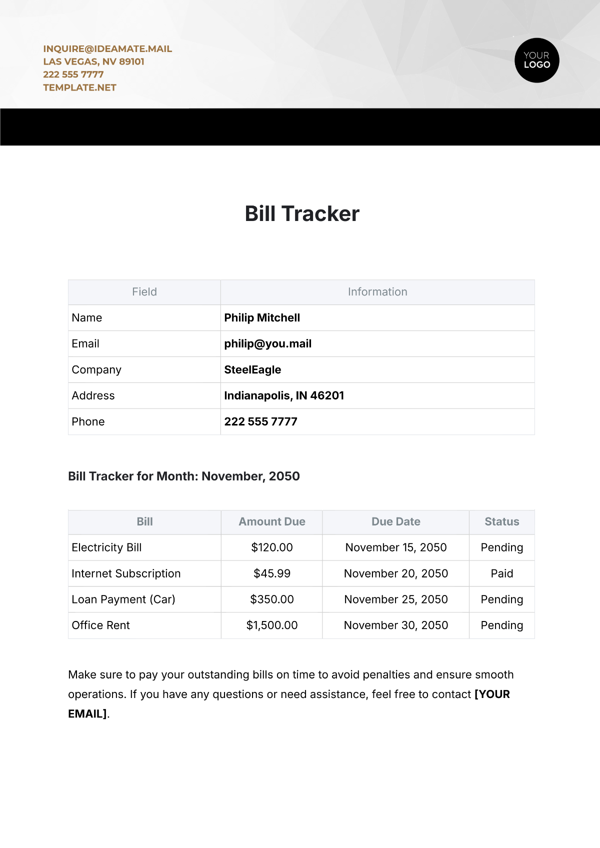 Bill Tracker Template - Edit Online & Download