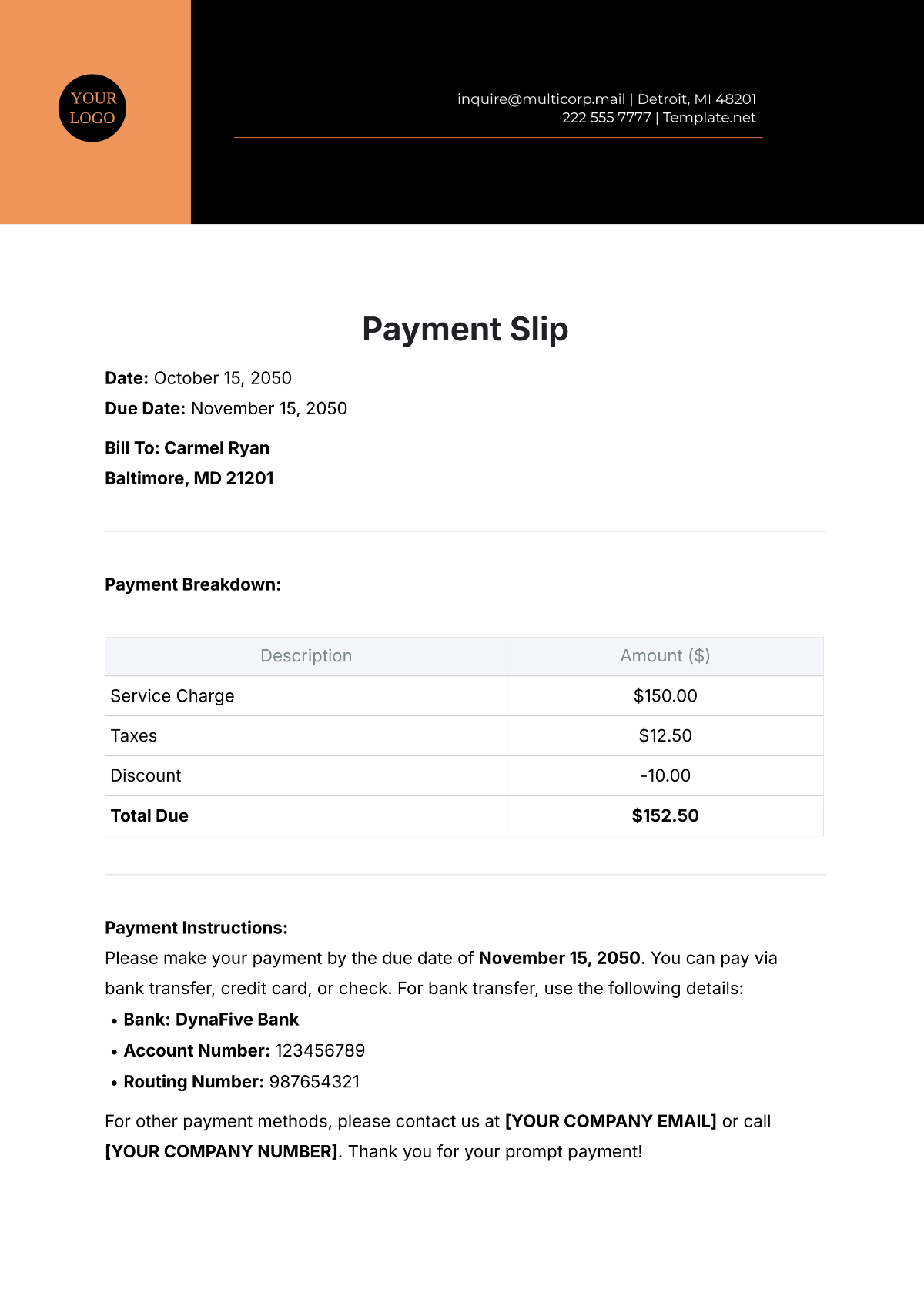 Payment Slip Template - Edit Online & Download