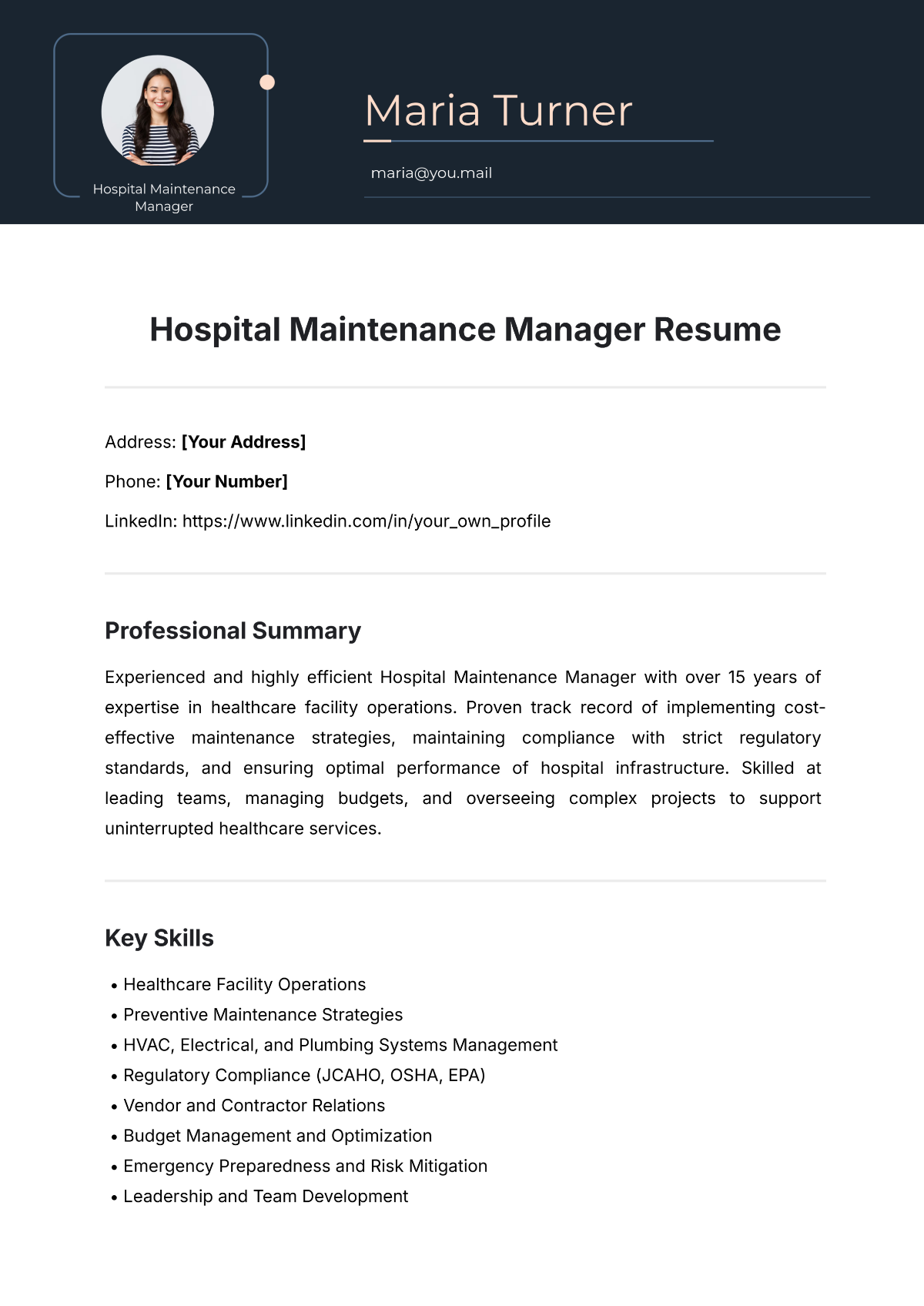 Hospital Maintenance Manager Resume Template - Edit Online & Download