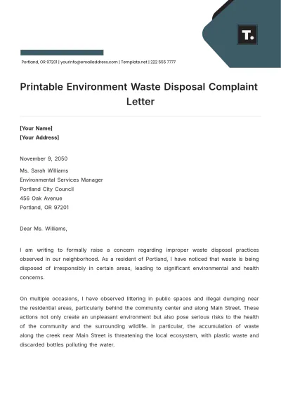 Free Printable Environment Waste Disposal Complaint Letter Template to Edit Online