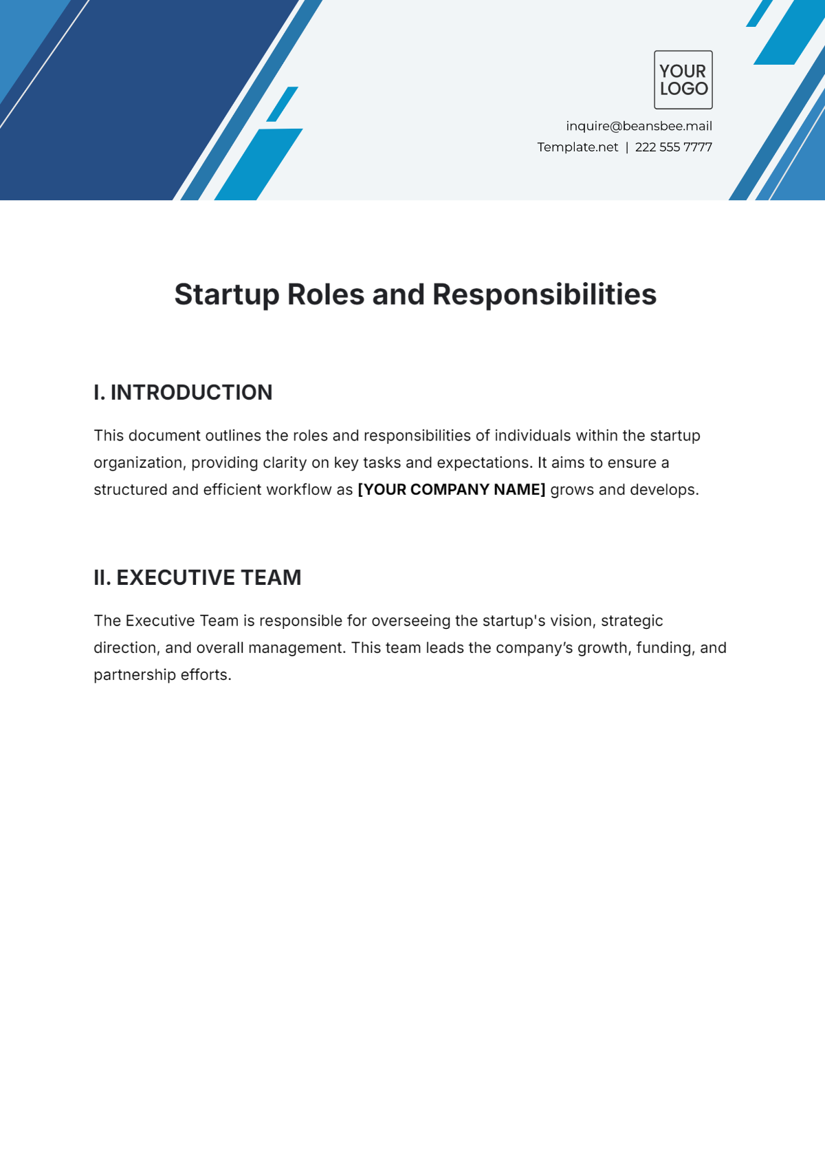 Startup Roles and Responsibilities Template - Edit Online & Download