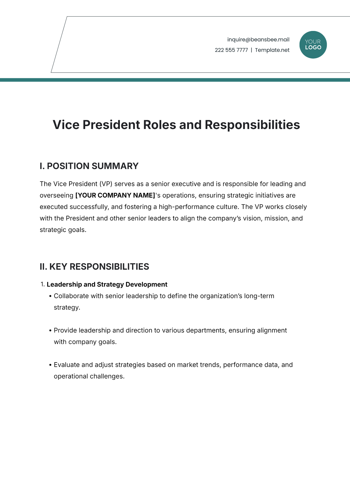 Vice President Roles and Responsibilities Template - Edit Online & Download