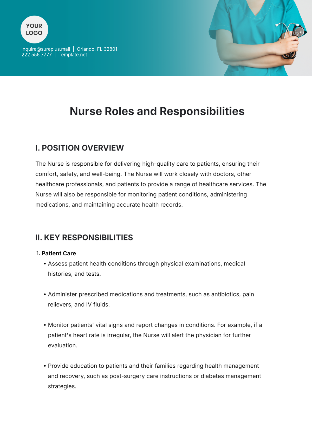 Nurse Roles and Responsibilities Template - Edit Online & Download