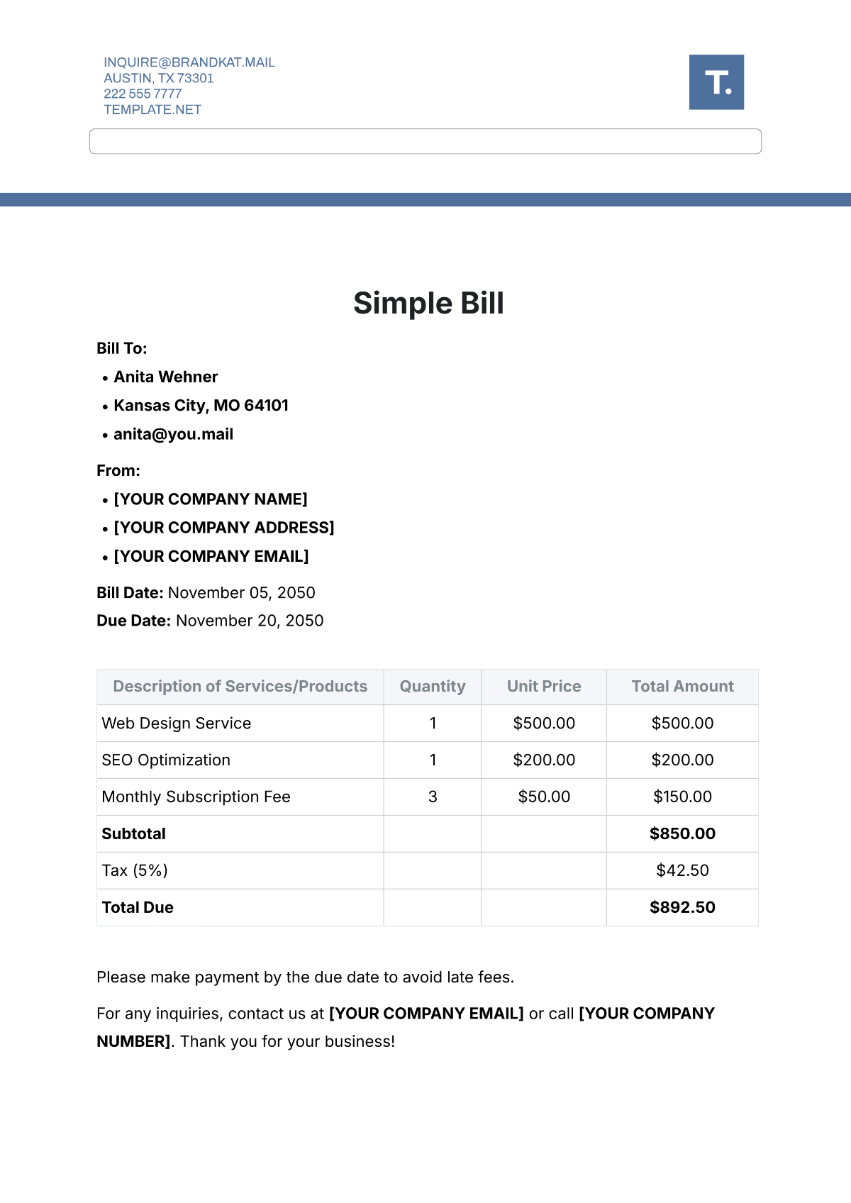 Simple Bill Template - Edit Online & Download