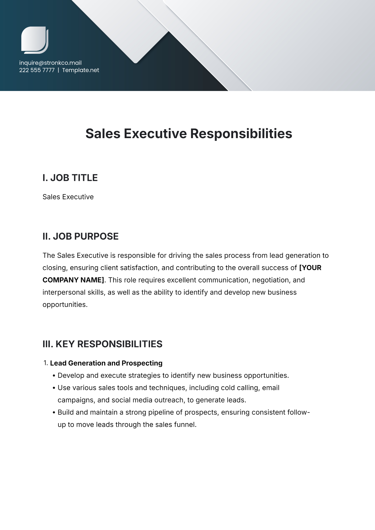 Sales Executive Responsibilities Template - Edit Online & Download