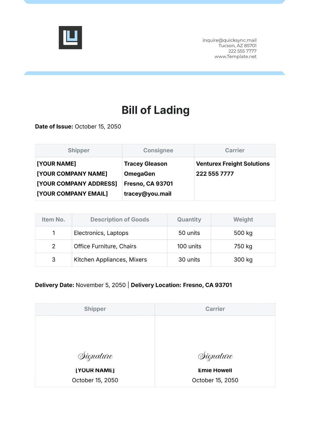 Bill of Lading Template - Edit Online & Download