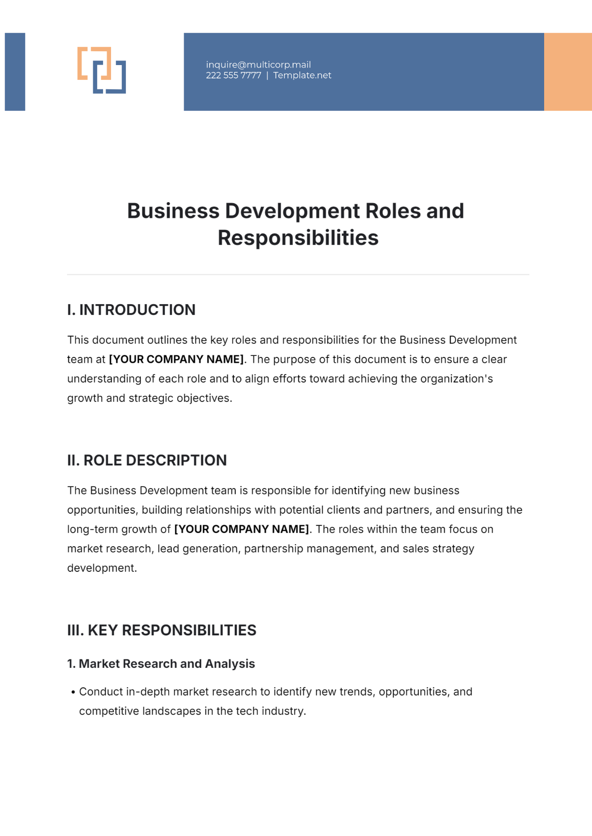 Business Development Roles and Responsibilities Template - Edit Online & Download