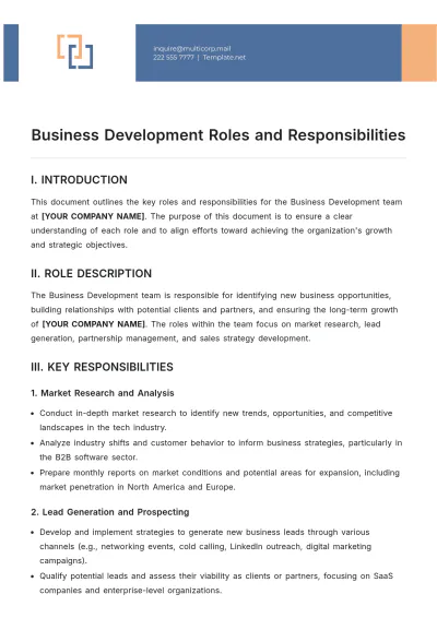 Free Business Development Roles and Responsibilities Template to Edit Online