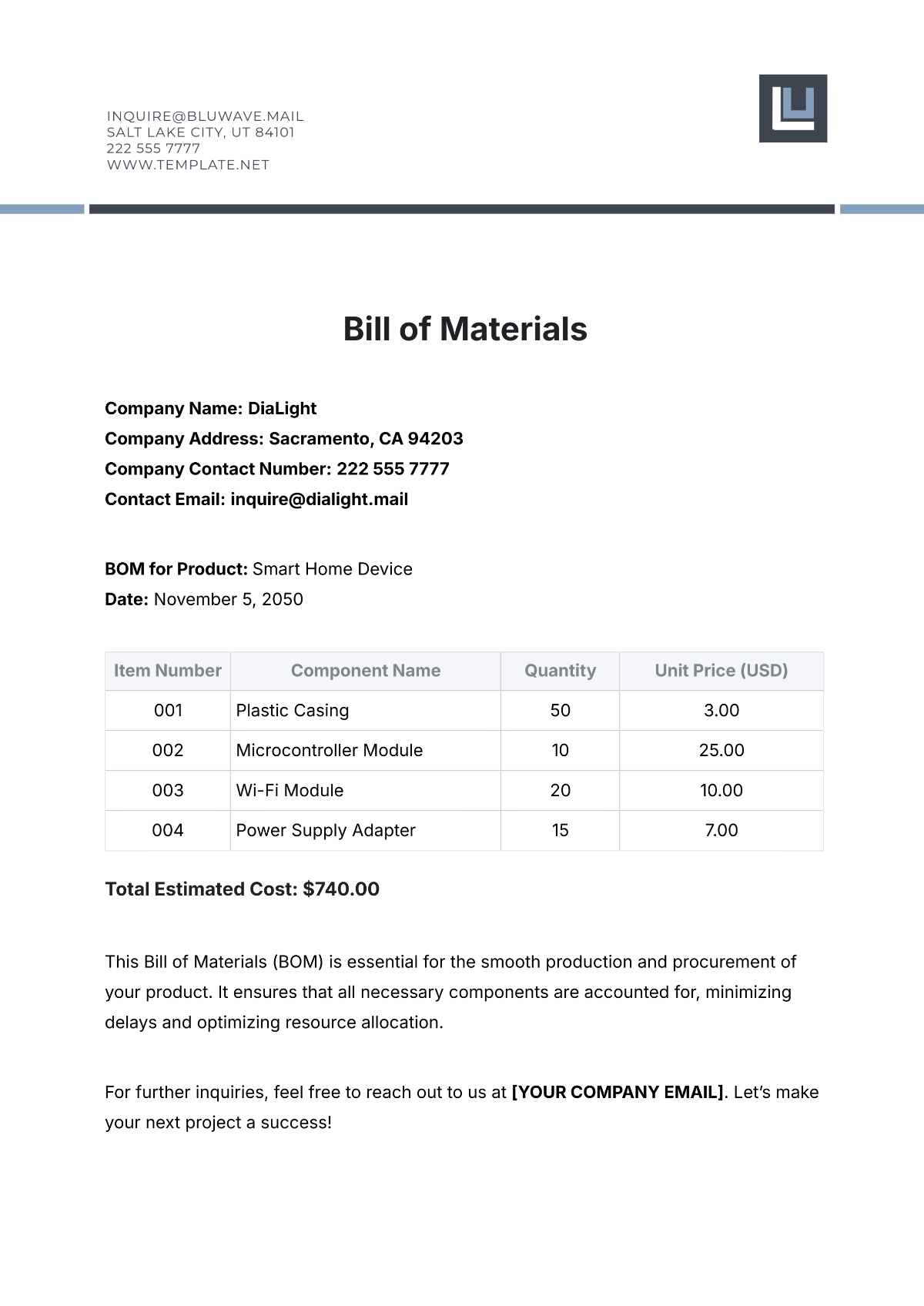 Bill of Materials Template - Edit Online & Download