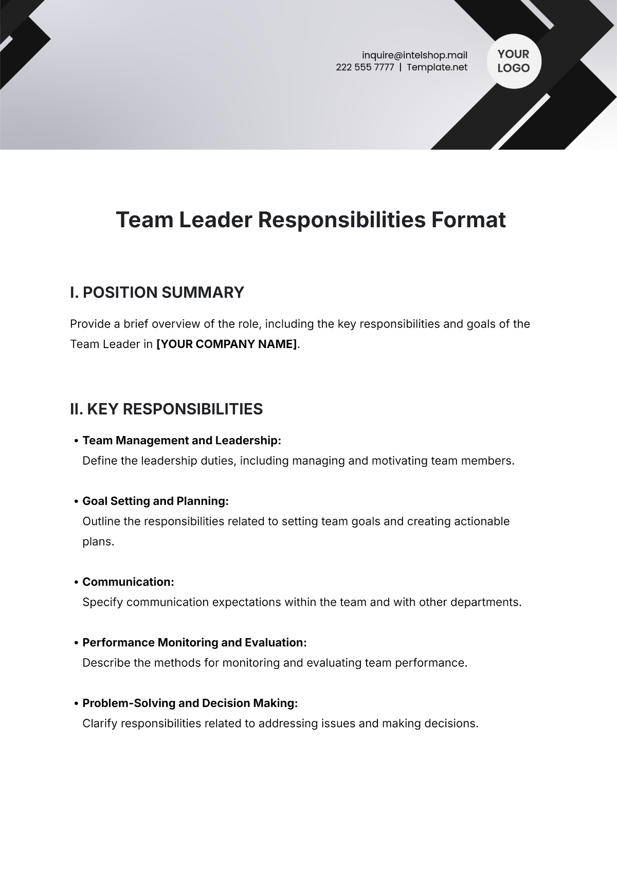 Team Leader Responsibilities Format Template - Edit Online & Download