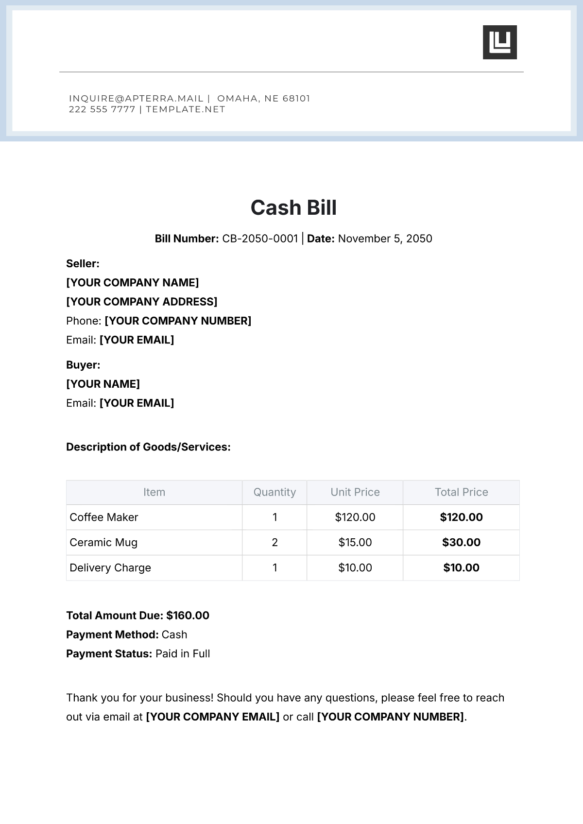 Cash Bill Template - Edit Online & Download