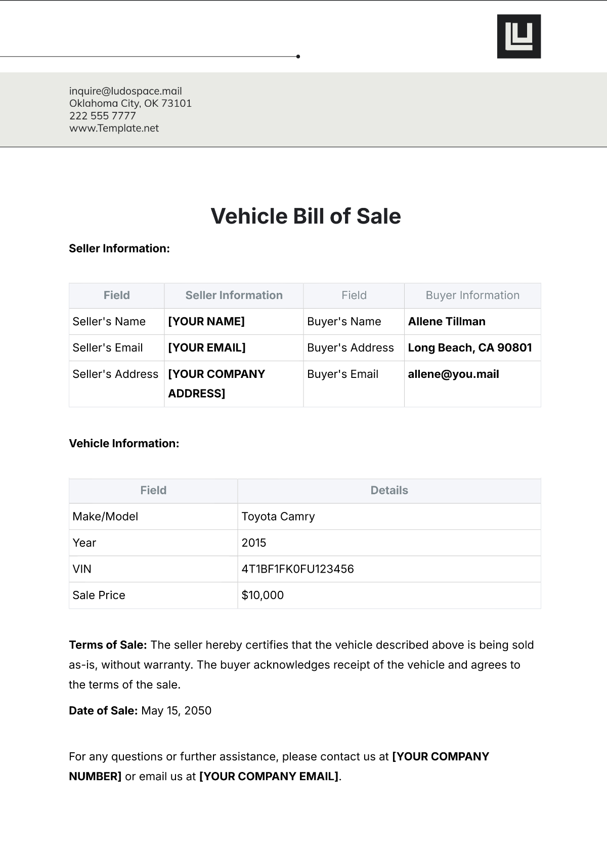 Vehicle Bill of Sale Template - Edit Online & Download