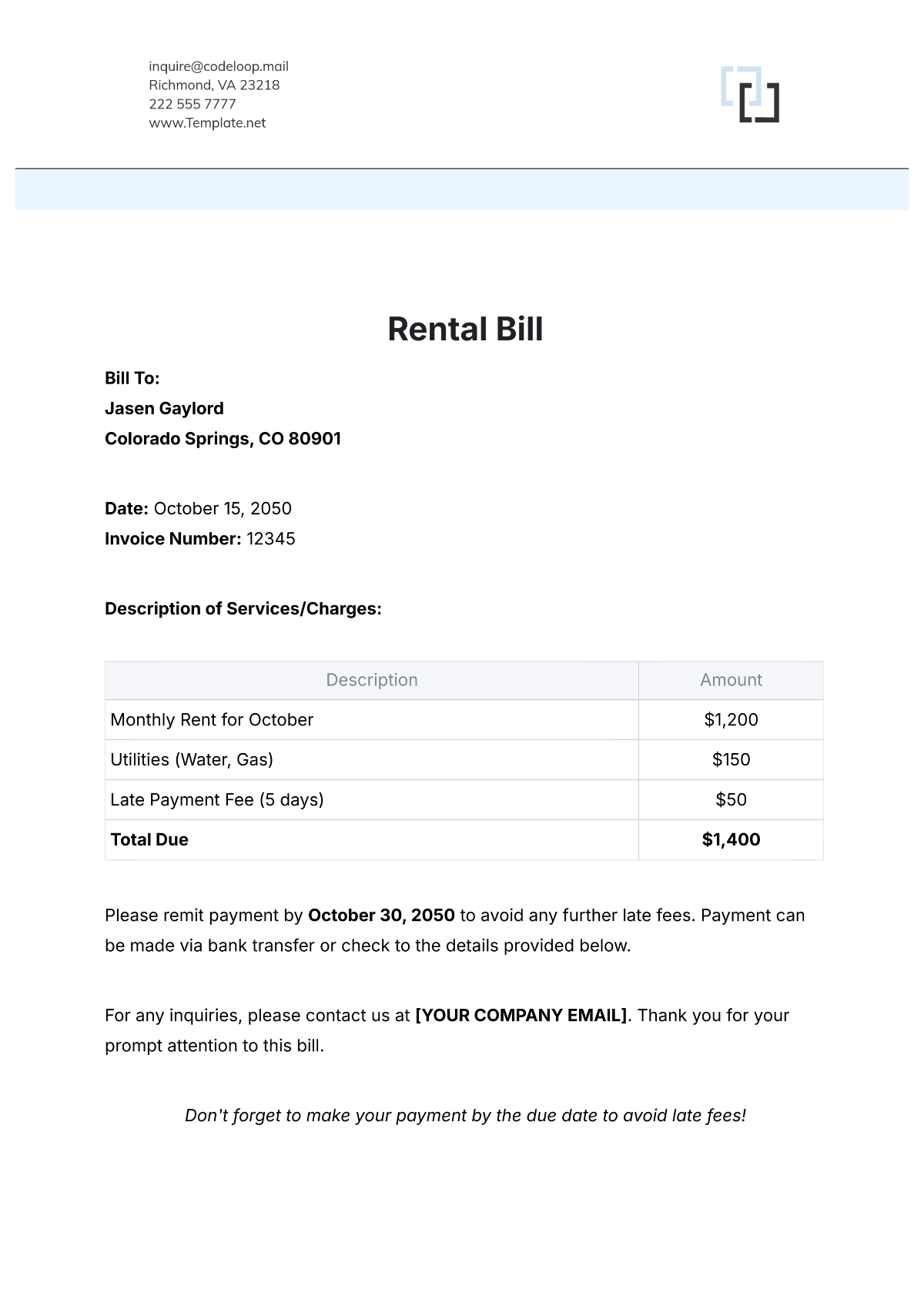 Rental Bill Template - Edit Online & Download